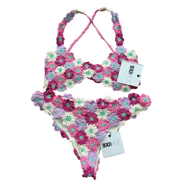Beach Riot Other - Beach Riot Womens Large Floral Crochet Bikini Set Pink Purple LOFL New With Tags